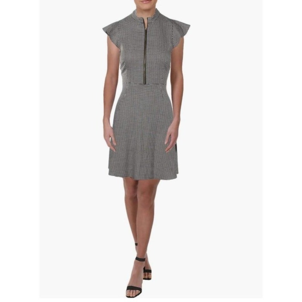 Zoe by Rachel Zoe Houndstooth Zip Front Dress Womens 6 Black White Fit Flare NWT